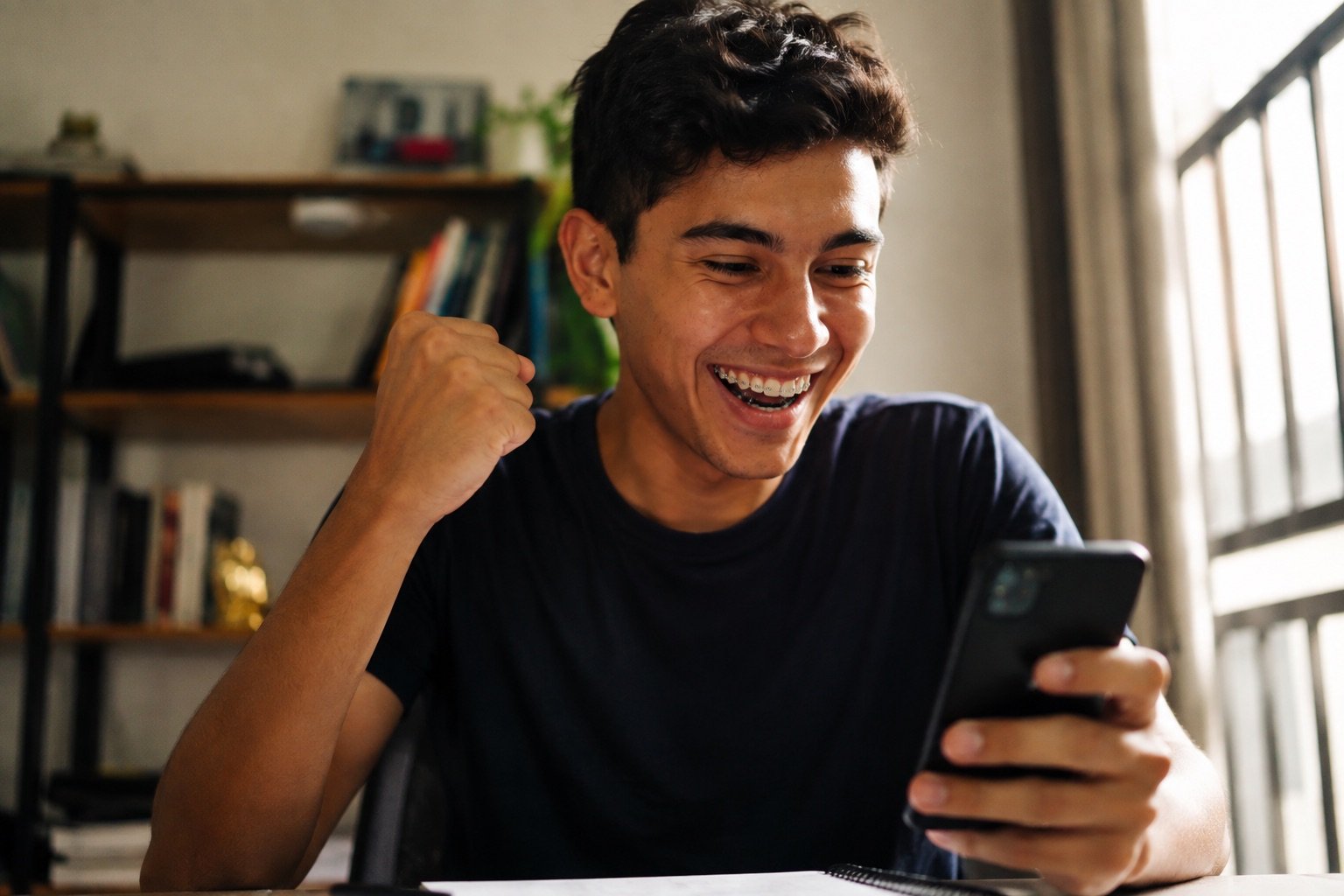 Estudante sorrindo ao ver o resultado de um simulado no celular
